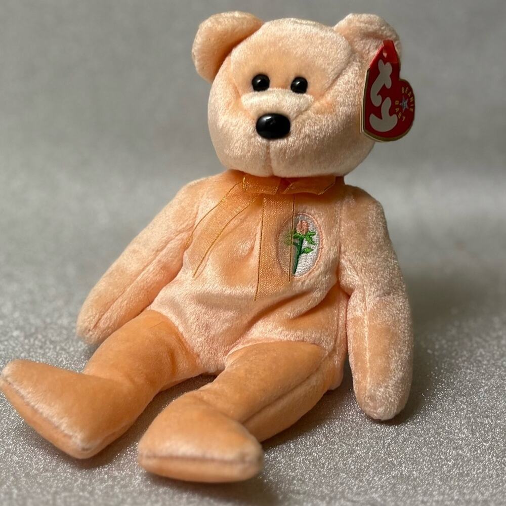 TY Beanie Baby “Dearest” Bear – Peach Plush w/Flower (Hang Tag Attached!)